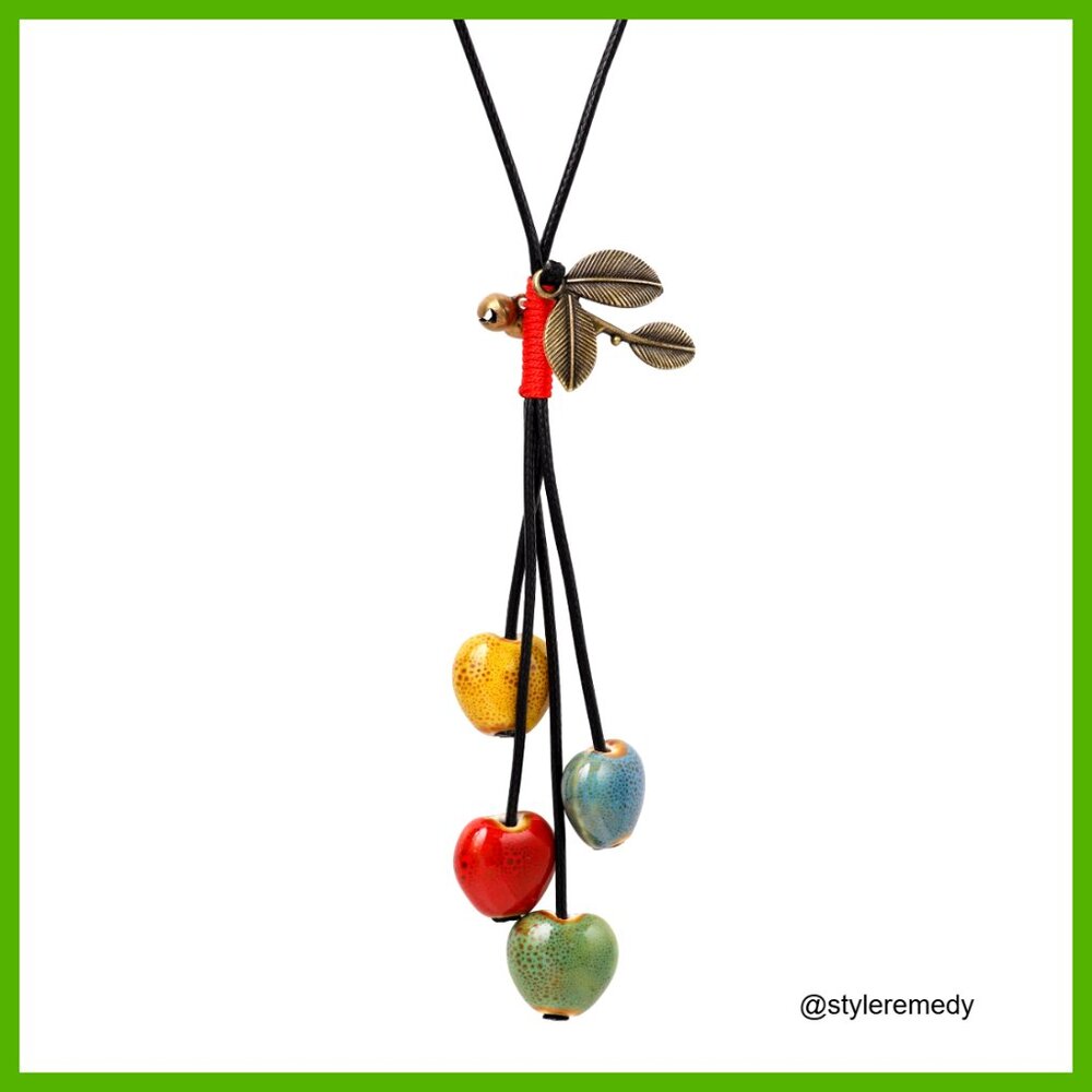 Vintage Bohemian Ceramic Bead Y Necklace, Zinc Alloy, 27.5 Inch Cord